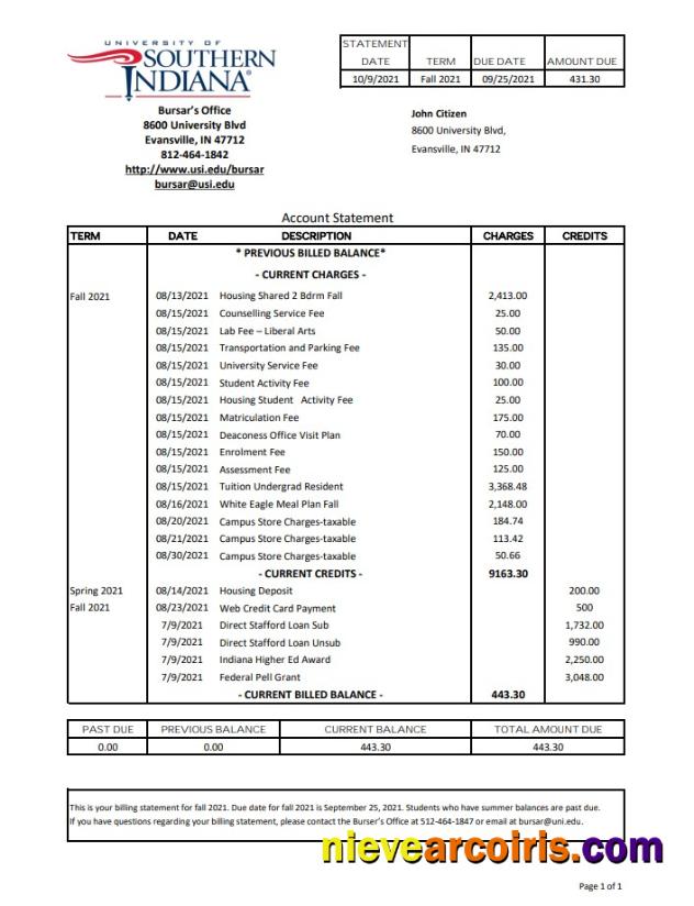 USA University of Southern Indiana excel pdf